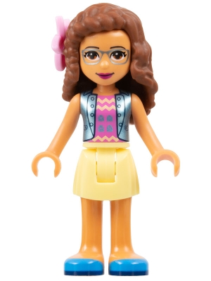 Friends Olivia (Nougat) - Bright Light Yellow Skirt, Dark Pink Top, Blue Jacket, Flower