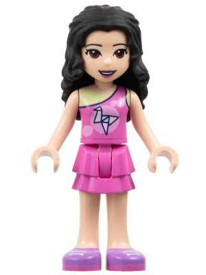 Friends Emma - Dark Pink Top with Bright Pink Circles and White Origami Crane over Yellowish Green Tank Top, Dark Pink Layered Skirt, Medium Lavender Shoes