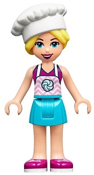 Friends Stephanie - Medium Azure Skirt, Magenta Top with Bright Pink Apron, White Chef Toque with Hair