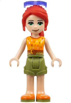 Friends Mia - Olive Green Shorts, Orange and Bright Light Orange Top with Lightning Bolts, Orange Shoes, Sunglasses