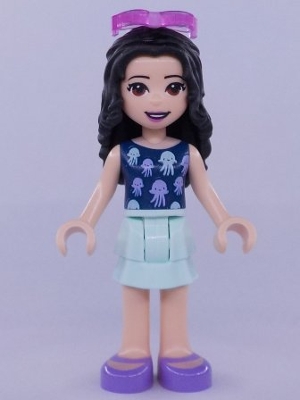 Friends Emma - Light Aqua Layered Skirt, Dark Blue Top with Jellyfish, Trans-Dark Pink Sunglasses