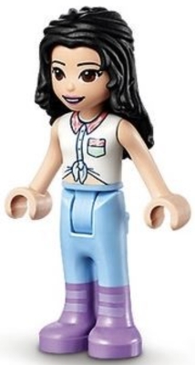 Friends Emma - Blue Riding Pants, White Collared Shirt, Black Hair