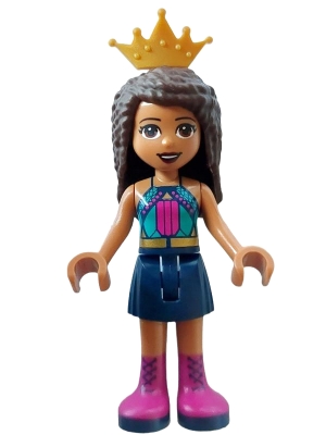 Friends Andrea - Dark Turquoise Halter Top with Magenta Stripes and Dots, Dark Blue Skirt with Magenta Boots, Pearl Gold Tiara