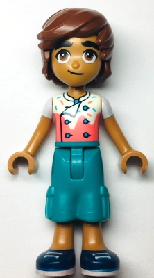 Friends Leo - White and Coral Chef Shirt with Sprinkles, Dark Turquoise Cropped Trousers, Dark Blue Shoes