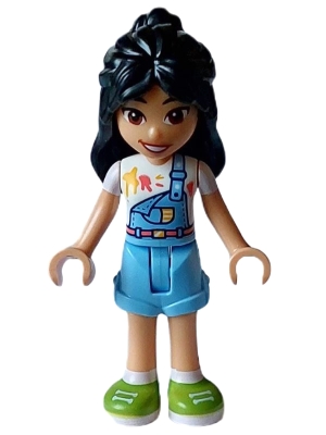 Friends Liann - Bright Light Blue Overalls over White Shirt, Bright Light Blue Shorts, Lime Shoes