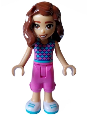 Friends Luna - Dark Pink and Medium Azure Top with Scales, Dark Pink Cropped Trousers, White Shoes