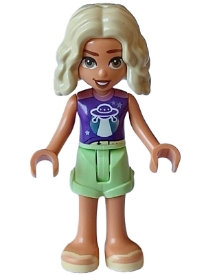 Friends Nova - Dark Purple and Metallic Pink Shirt, Yellowish Green Shorts, Bright Light Yellow Sandals