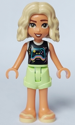 Friends Nova - Black and White Shirt with Video Game Controller, Yellowish Green Shorts, Bright Light Yellow Sandals