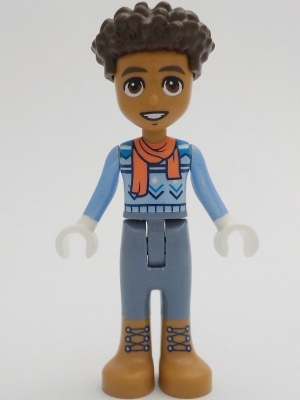 Friends Aron (Aaron) - Bright Light Blue Sweater, Coral Scarf, Sand Blue Trousers, Medium Nougat Boots