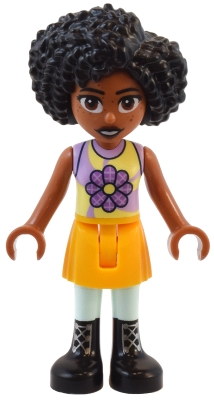 Friends Jamila - Bright Light Yellow and Lavender Sleeveless Shirt, Bright Light Orange Skirt, Black Boots