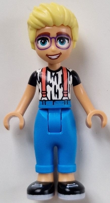 Friends Olly - White Shirt with Black Stripes, Coral Suspenders, Dark Azure Trousers, Black Shoes