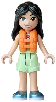 Friends Liann - Lime, Coral and Medium Azure Tank Top, Yellowish Green Shorts Folded Hem, Metallic Light Blue Shoes, Orange Life Jacket, Bright Pink Flower