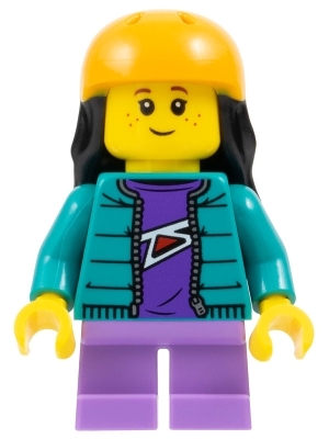 Child - Girl, Dark Turquoise Jacket over Dark Purple Shirt, Medium Lavender Short Legs, Bright Light Orange Sports Helmet, Black Long Hair