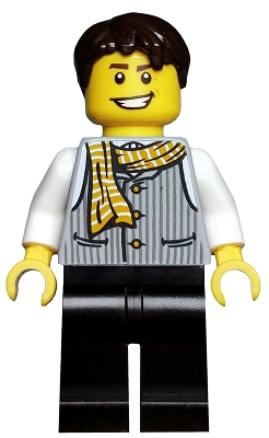 Striped Vest with Yellow Striped Scarf, Black Legs, Dark Brown Tousled Hair