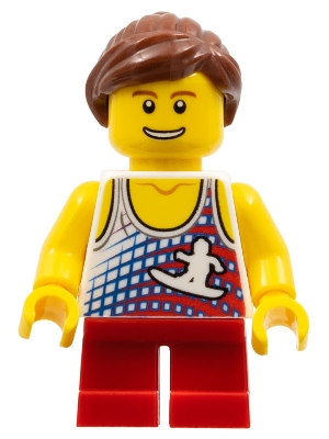 Tank Top with Surfer Silhouette, Red Short Legs, Reddish Brown Ponytail and Swept Sideways Fringe