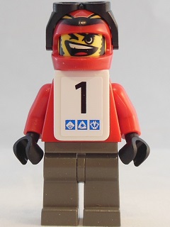 Snowboarder, Red Shirt, Dark Gray Legs, White Vest, Number 1 Sticker on Both Sides