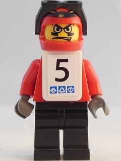 Snowboarder, Red Shirt, Black Legs, White Vest, Number 5 Sticker on Both Sides