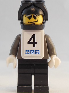 Snowboarder, Dark Gray Shirt, Black Legs, Black Helmet, White Vest, Number 4 Sticker on Both Sides