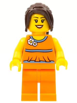Orange Halter Top with Medium Blue Trim and Flowers Pattern, Orange Legs, Dark Brown Hair Ponytail Long with Side Bangs