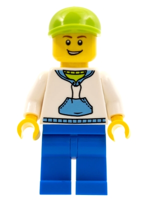 White Hoodie with Medium Blue Pocket, Blue Legs, Lime Short Bill Cap