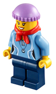 Medium Blue Female Shirt with Two Buttons and Shell Pendant, Dark Blue Legs, Red Bandana, Medium Lavender Knit Cap
