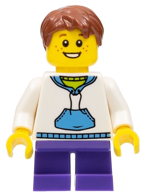 Child - Boy, White Hoodie with Medium Blue Pocket, Dark Purple Short Legs, Reddish Brown Hair, Freckles