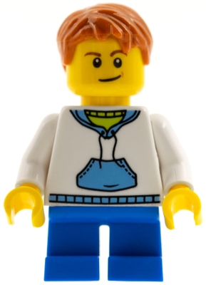 Child - Boy, White Hoodie with Medium Blue Pocket, Blue Short Legs, Dark Orange Hair, Medium Nougat Dimple