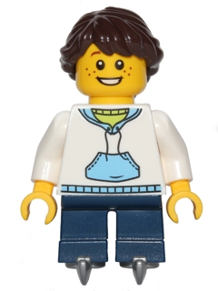 Child - Girl, White Hoodie with Medium Blue Pocket, Dark Blue Short Legs, Dark Brown Braided Ponytail Hair, Ice Skates, Freckles