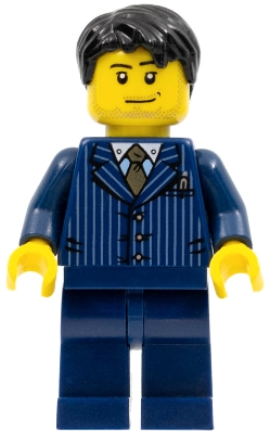 Businessman - Pinstripe Jacket and Gold Tie, Dark Blue Legs, Black Short Tousled Hair, Smirk and Stubble