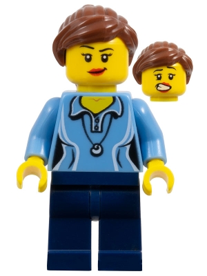 Medium Blue Female Shirt with Two Buttons and Shell Pendant, Dark Blue Legs, Reddish Brown Ponytail and Swept Sideways Fringe