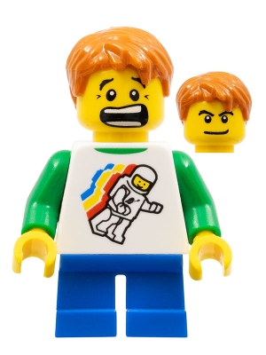Classic Space Minifigure Floating Pattern, Blue Short Legs, Dark Orange Short Tousled Hair