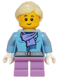 Medium Blue Jacket with Light Purple Scarf, Medium Lavender Short Legs, Bright Light Yellow Ponytail and Swept Sideways Fringe