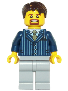 Businessman Pinstripe Jacket and Gold Tie, Light Bluish Gray Legs, Dark Brown Hair Short Tousled with Side Part