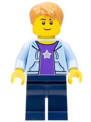 Boy, Bright Light Blue Hoodie with White Star, Dark Blue Legs, Medium Nougat Hair Short Tousled with Side Part