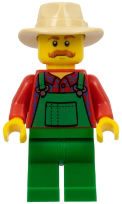 Farmer - Green Overalls over Red Plaid Shirt, Green Legs, Tan Fedora, Moustache