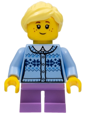Girl - Fair Isle Sweater, Bright Light Yellow Ponytail, Lavender Legs Short, Freckles