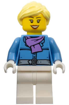 Female, Jacket with Medium Lavender Scarf, White Legs, Bright Light Yellow Ponytail, Open Mouth Smile