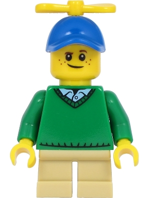 Boy - Freckles, Green Sweater V-Neck over Button Down Shirt Collar with 1 Button, Tan Short Legs, Blue Cap with Tiny Yellow Propeller