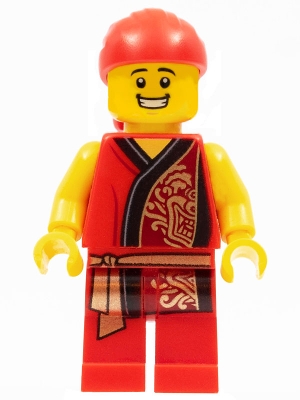 Lion Dance Musician, Red Head Wrap, Smile, Red Robe with Gold Dragon