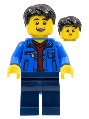 Man, Black Hair, Blue Jacket, Dark Red Shirt, Dark Blue Legs