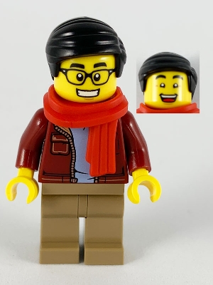 Man, Dark Red Jacket with Bright Light Blue Shirt, Dark Tan Legs, Red Scarf, Black Smooth Hair, Glasses