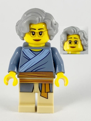 Porcelain Vendor, Female, Light Bluish Gray Hair, Glasses, Sand Blue Tunic, Medium Nougat Sash, Tan Legs