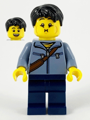 Man, Sand Blue Jacket and Reddish Brown Satchel, Dark Blue Legs, Black Hair