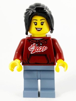 Woman, Dark Red '2021' Shirt, Sand Blue Legs, Long Black Hair