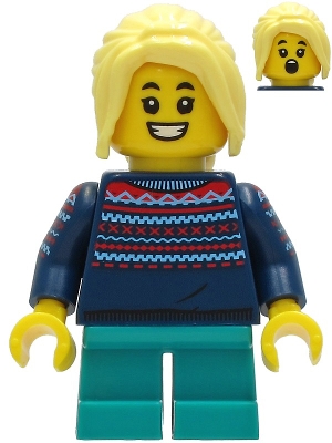 Girl - Dark Blue Knit Sweater, Dark Turquoise Short Legs, Bright Light Yellow Hair