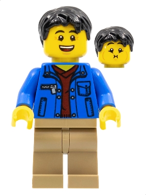 Man, Black Hair, Blue Jacket, Dark Red Shirt, Dark Tan Legs