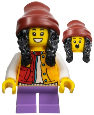 Child - Girl, Red and Bright Light Orange Jacket, Medium Lavender Short Legs, Dark Red Beanie with Black Hair