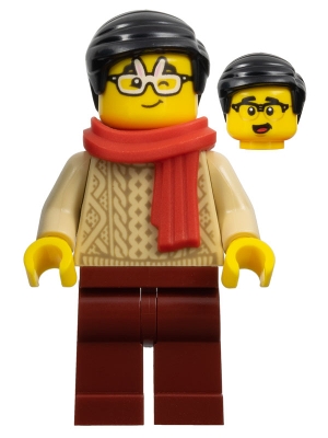 Lunar New Year Parade Spectator - Male, Red Scarf, Tan Sweater, Dark Red Legs, Black Hair, Rabbit Glasses