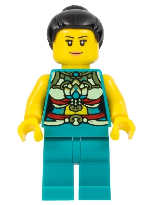 Lunar New Year Parade Participant - Musician, Female, Ornate Dark Turquoise Costume, Black Bun, Slight Smile