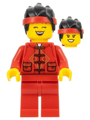 Lunar New Year Parade Participant - Female, Red Tang Jacket, Red Legs, Black Hair with Red Headband